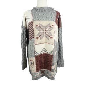 Vintage 90s Grey and Brown Snowflake Patchwork Rollneck Sweater L